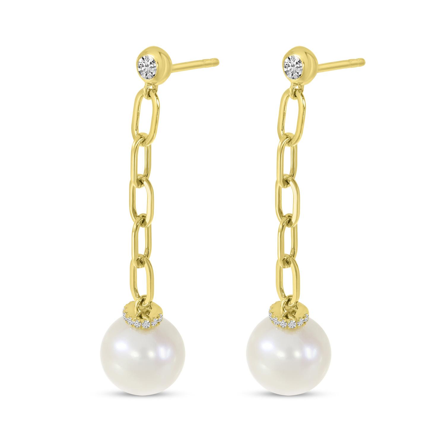 14K Yellow Gold Diamond and Pearl Link Dangle Earrings