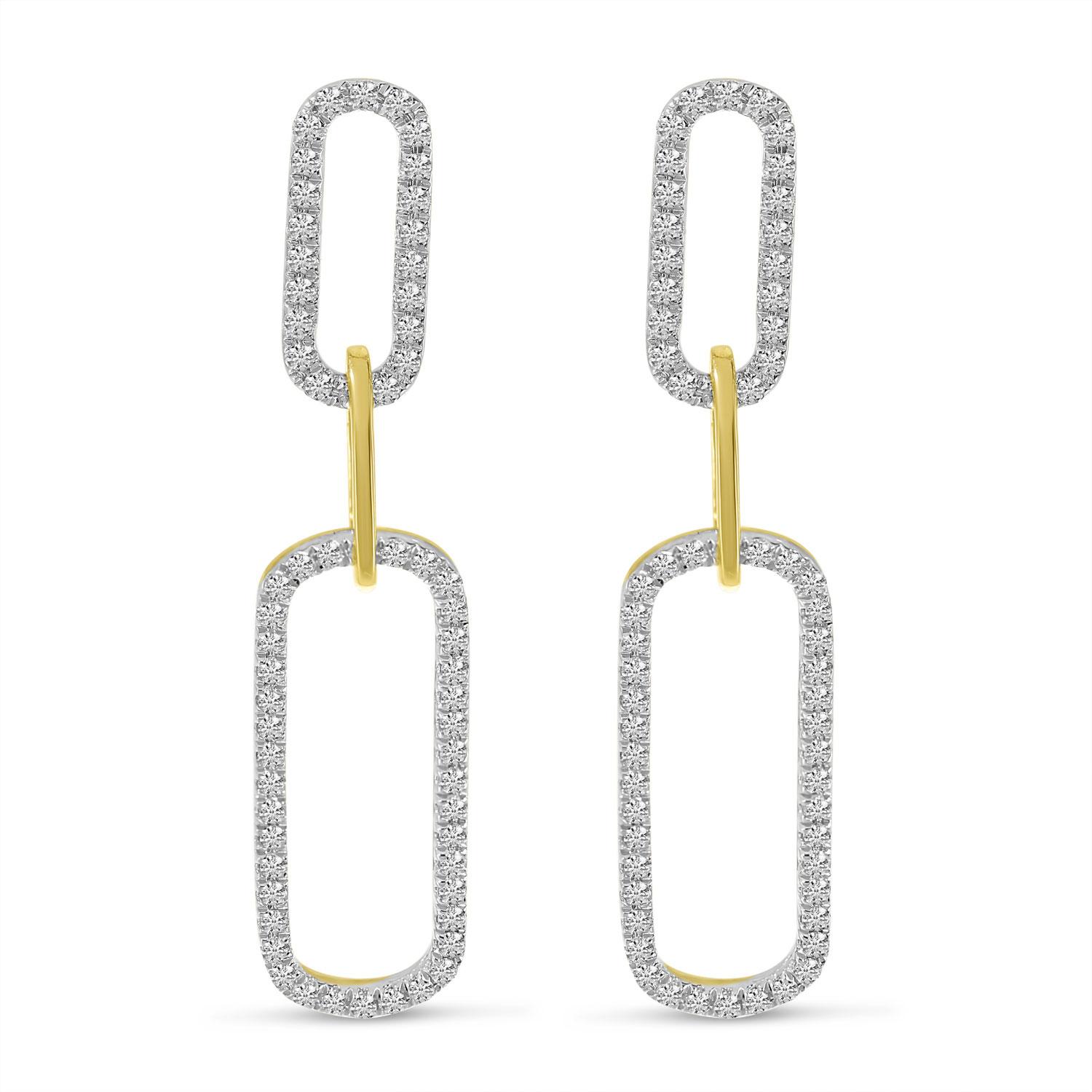 14K Two Tone Gold Diamond Paperclip Link Long Earrings