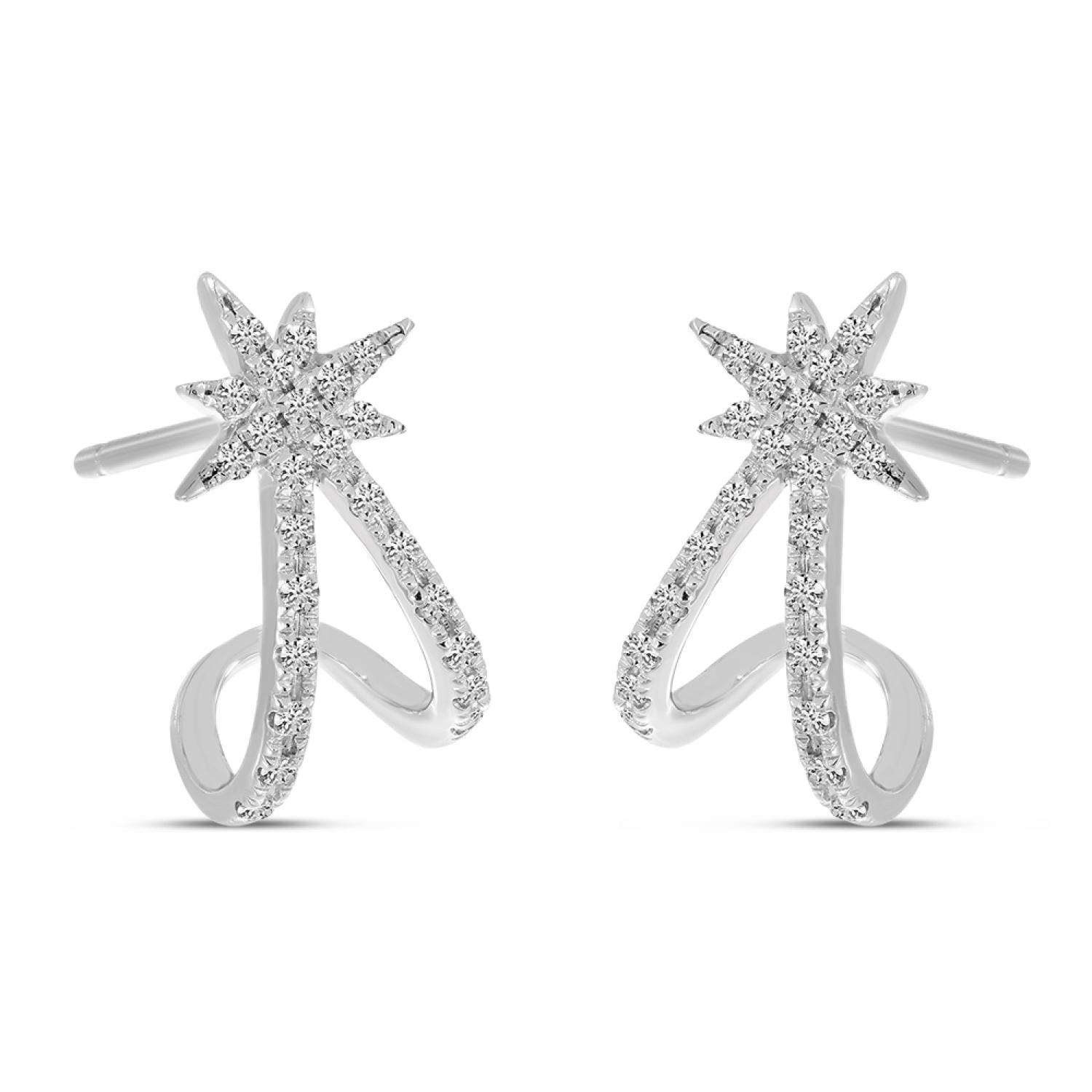 14K White Gold Diamond Starburst Huggie Earrings