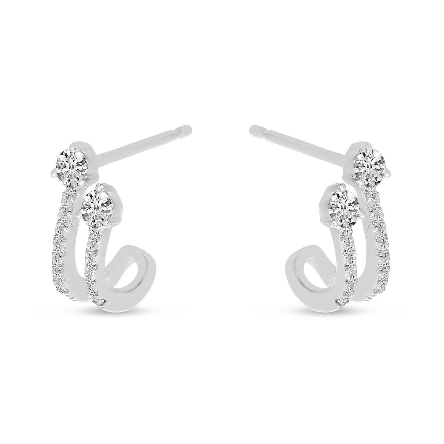 14K White Gold Double Diamond Huggie Earrings