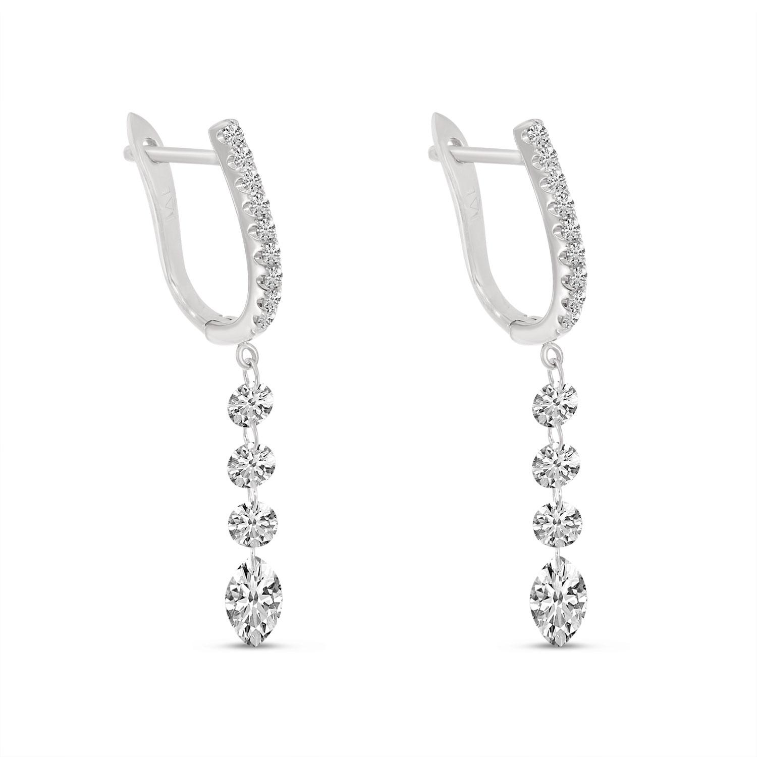 14K White Gold Round and Marquise Dashing Diamond Drop Huggy Earrings