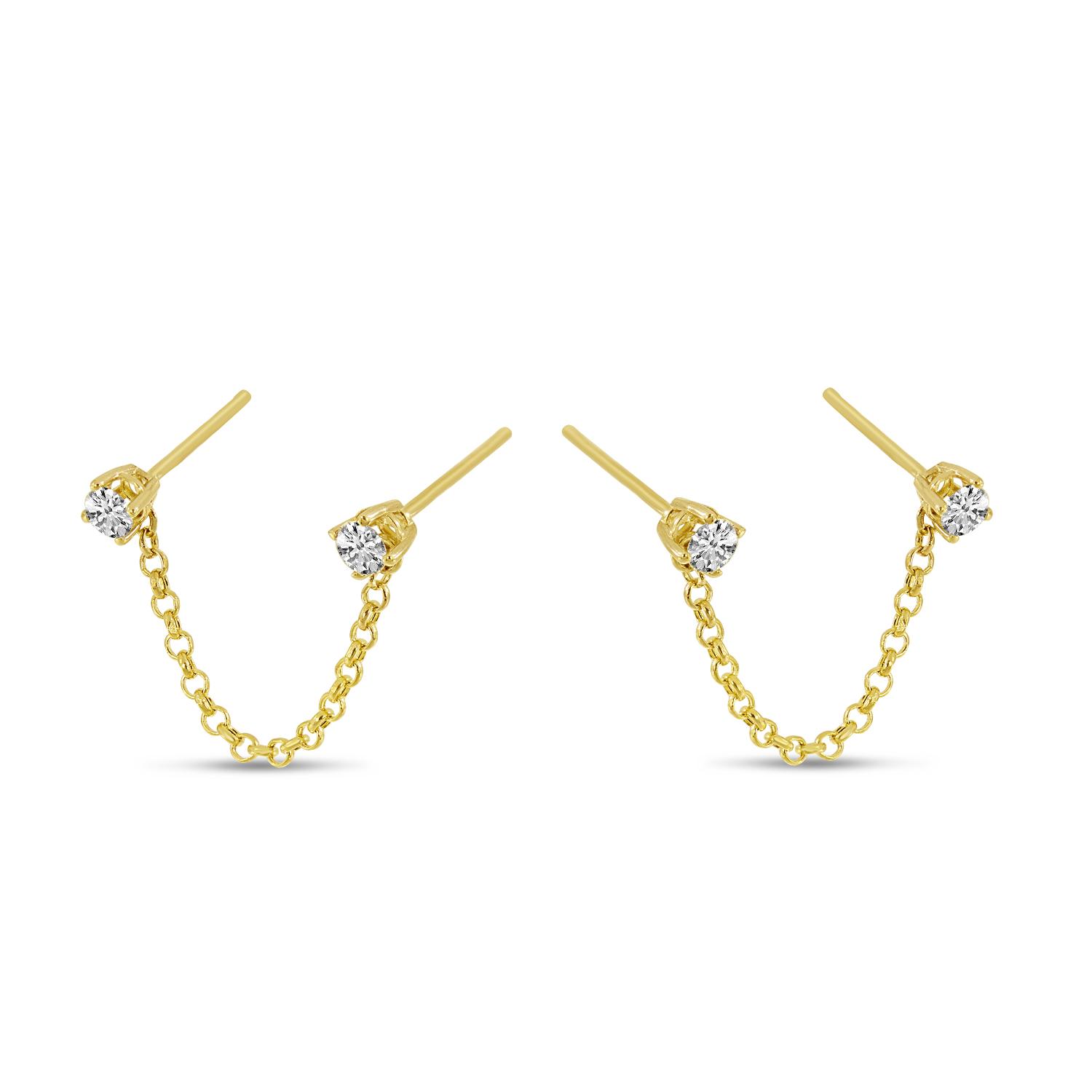 14K Yellow Gold Double Hole Diamond Chain Earrings