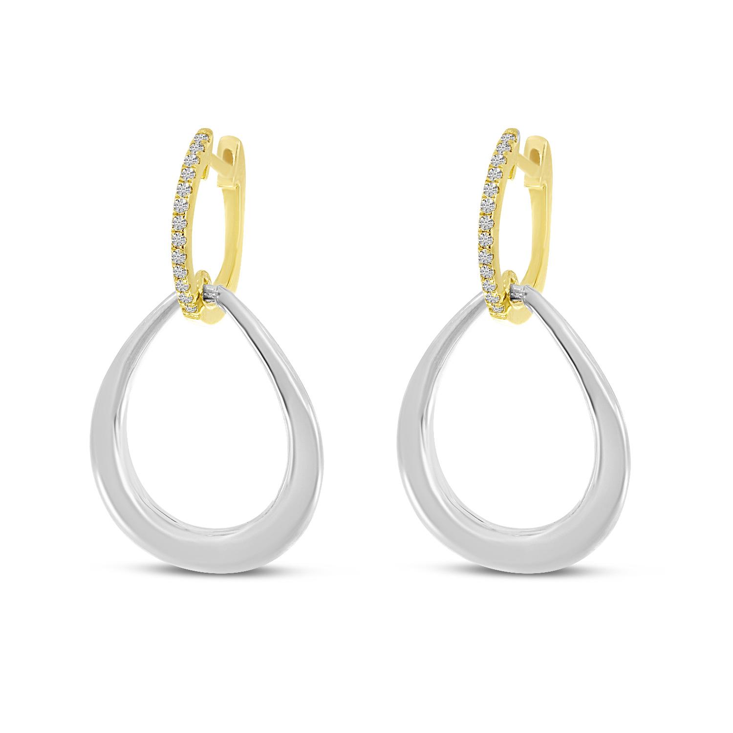 14K White Gold and Yellow Gold Teardrop Diamond Huggie Earrings