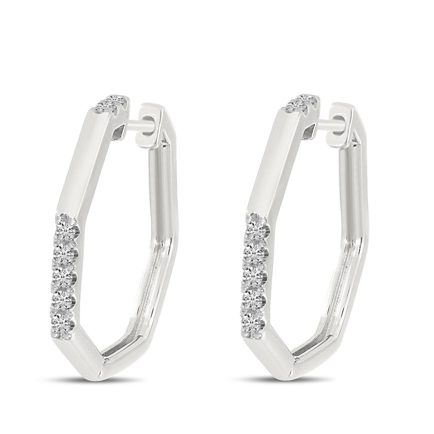 14K White Gold Diamond Geometric Hoop Earrings