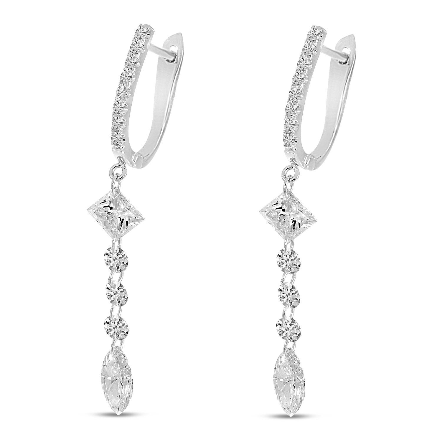 14K White Gold Pear Marquise Round Cut Dashing Diamond Earrings