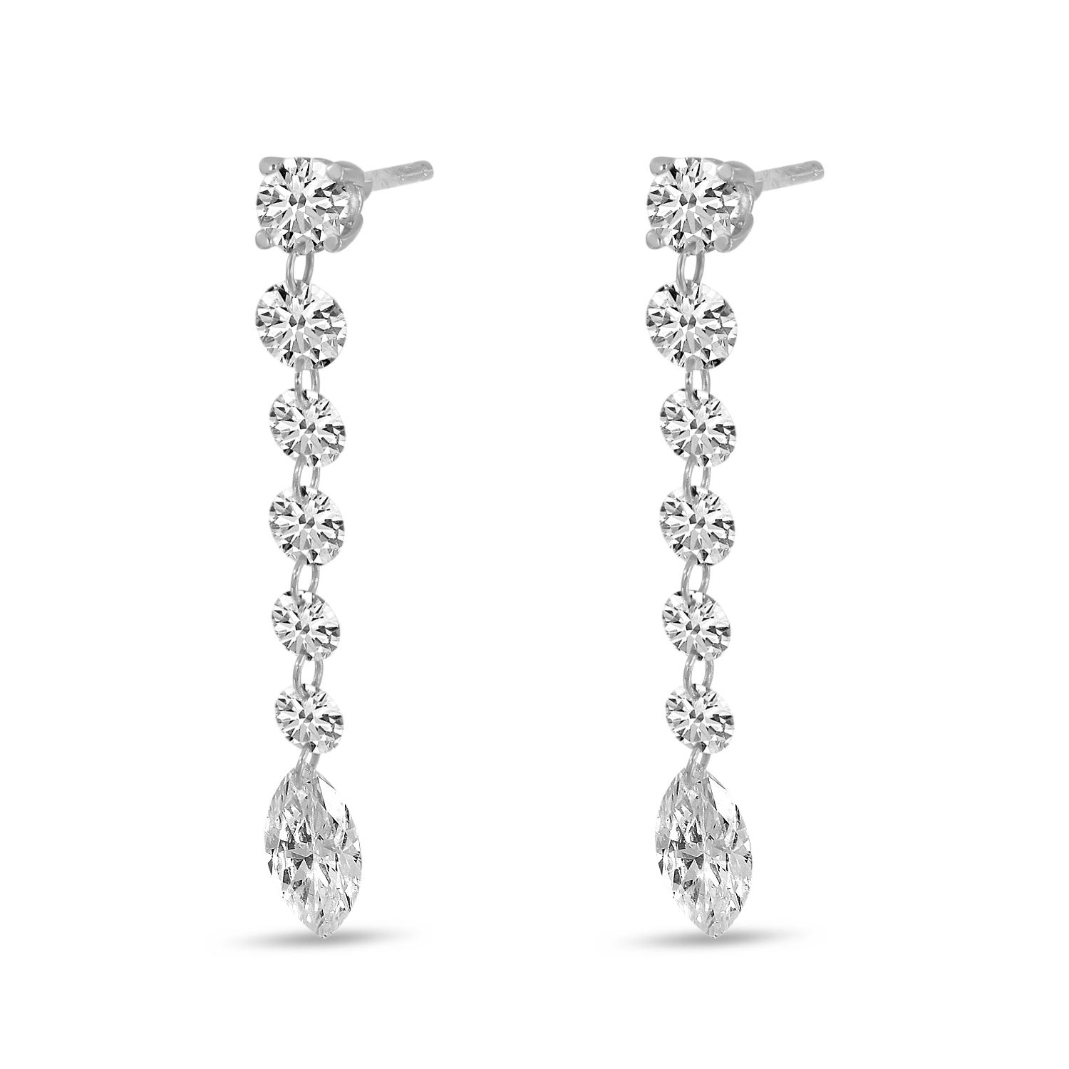 14K White Gold Round and Marquise Dashing Diamond Post Earring