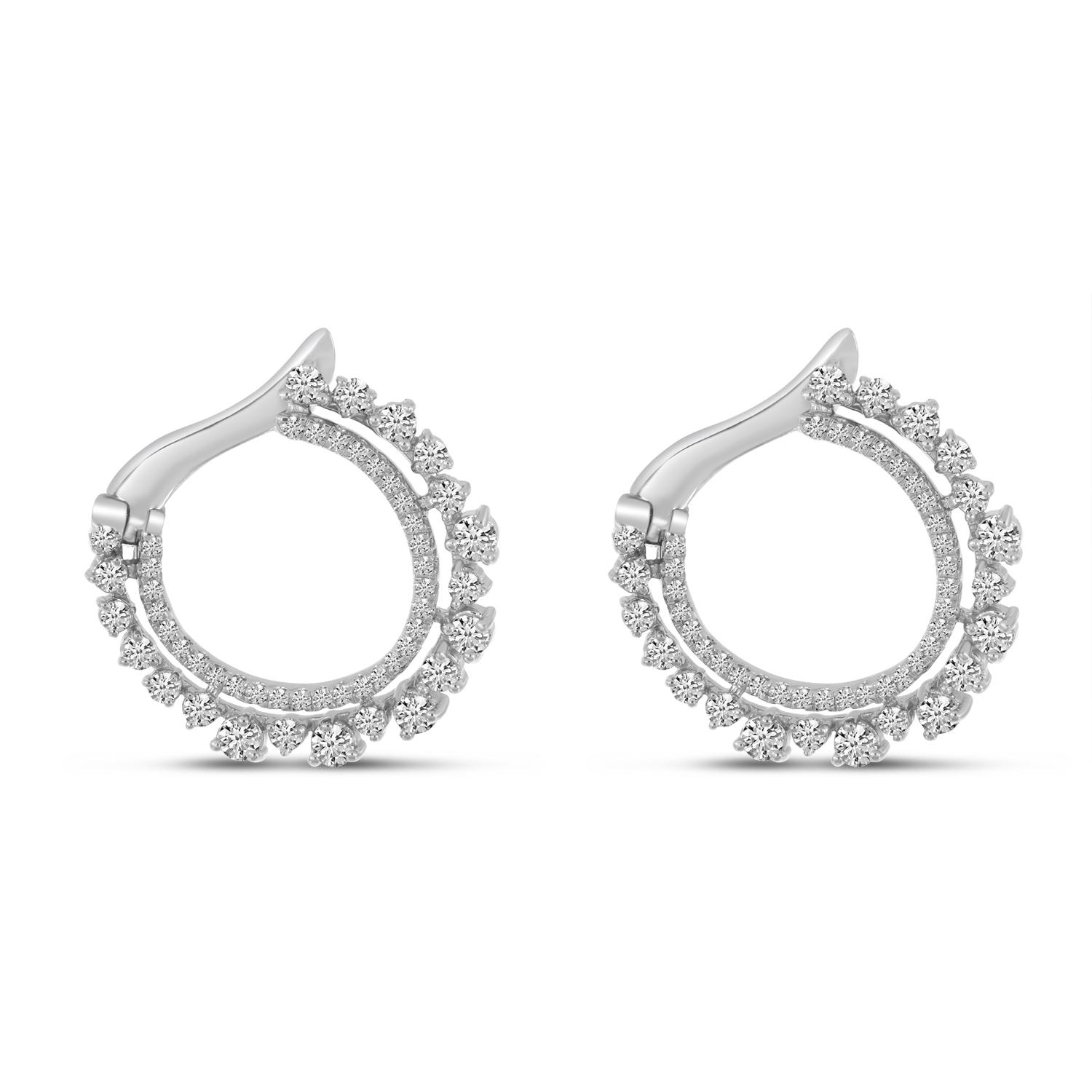 14K White Gold Scattered Diamonds Front Hoop Earrings