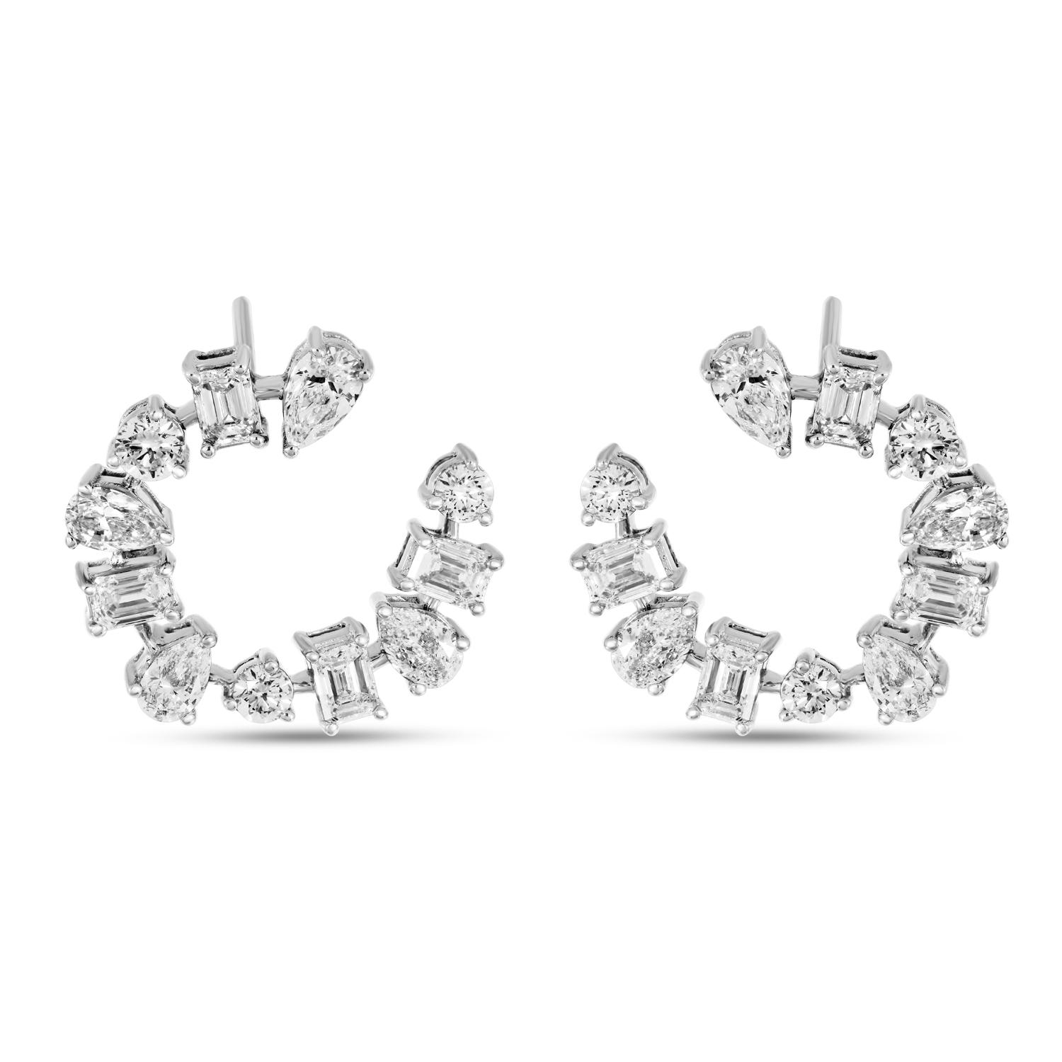 14K White Gold Fancy Cut Shapes Front Hoop Earrings