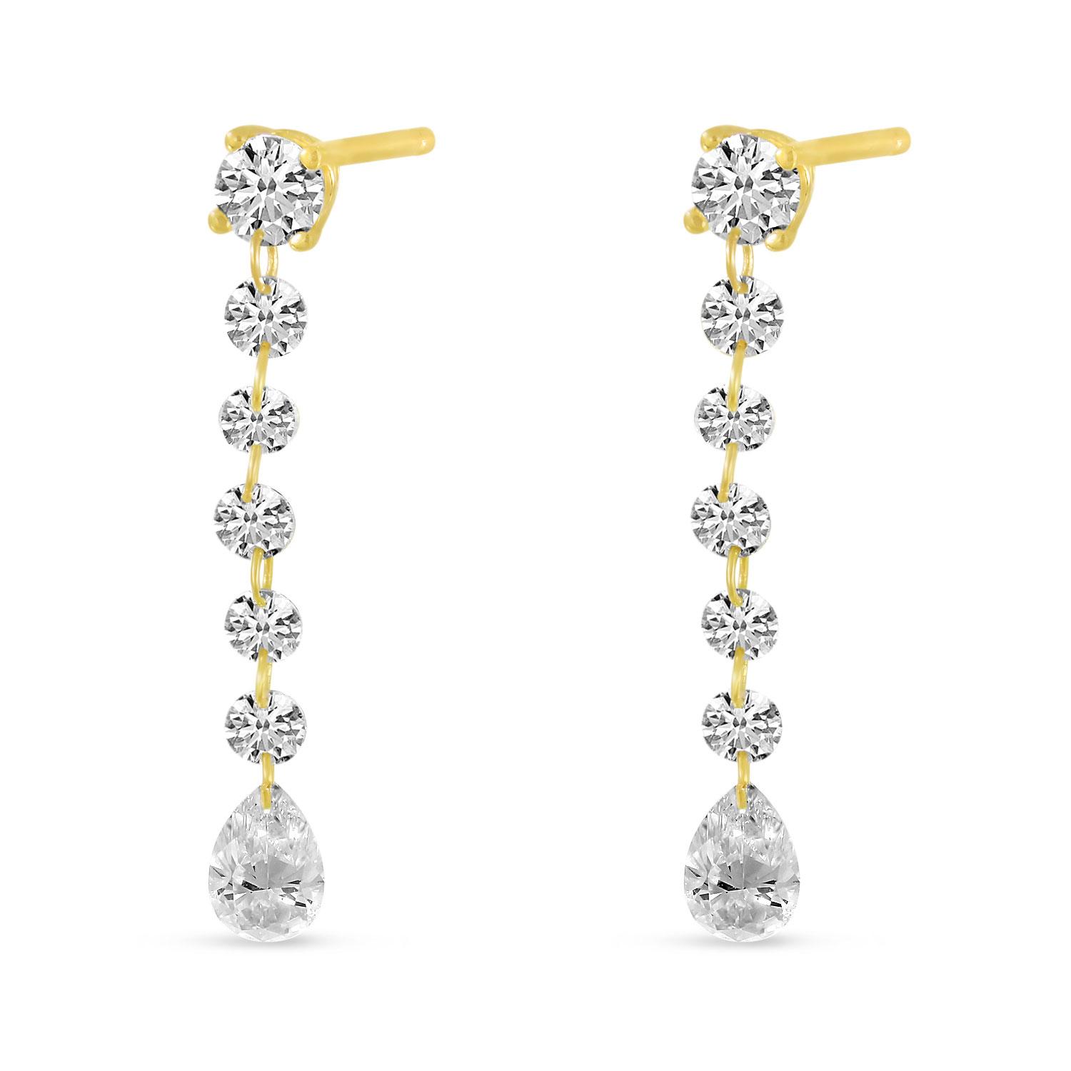 14K Yellow Gold Round and Pear Dashing Diamond Drop Post Earrings