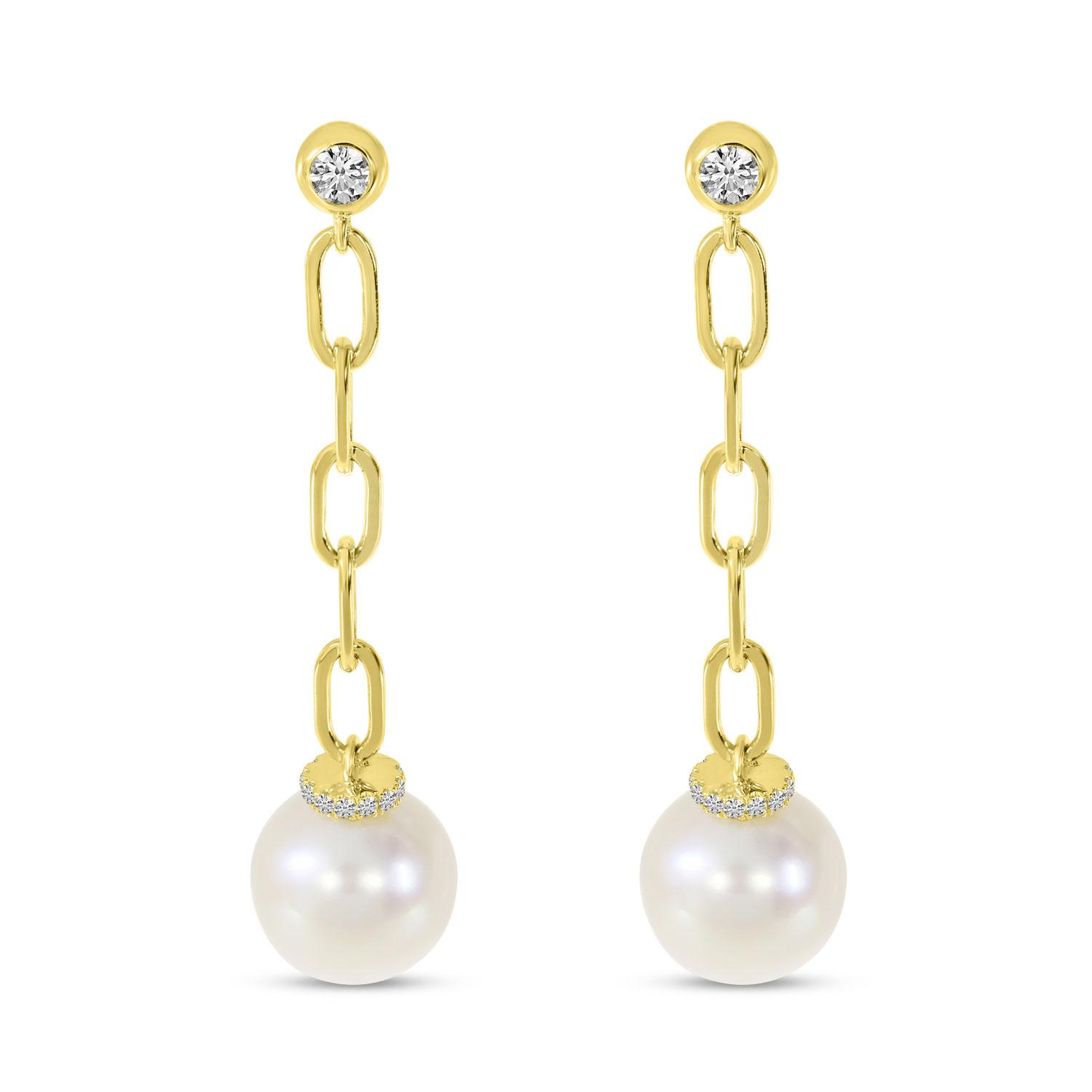 14K Yellow Gold Diamond and Pearl Link Dangle Earrings