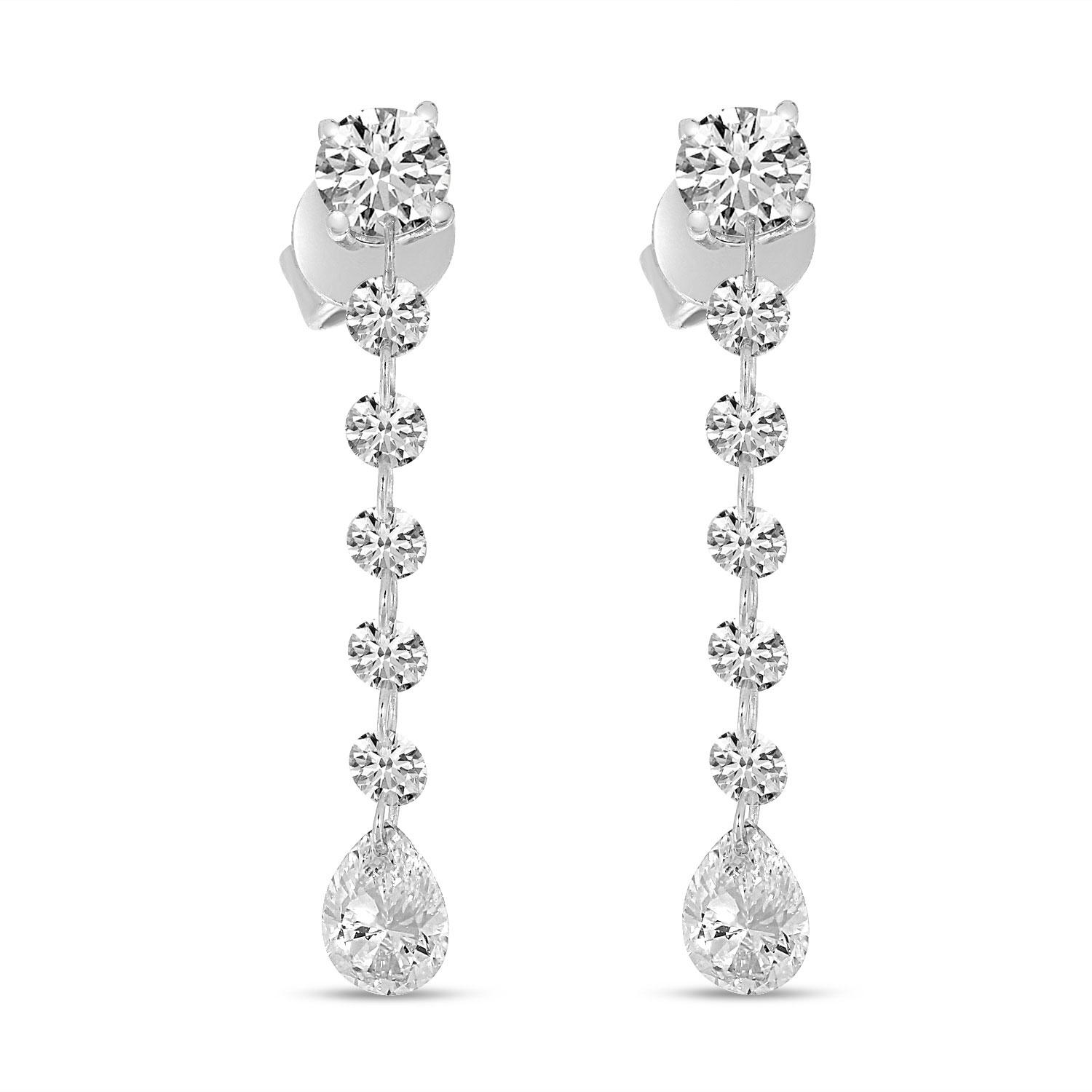 14K White Gold Round and Pear Dashing Diamond Post Earrings