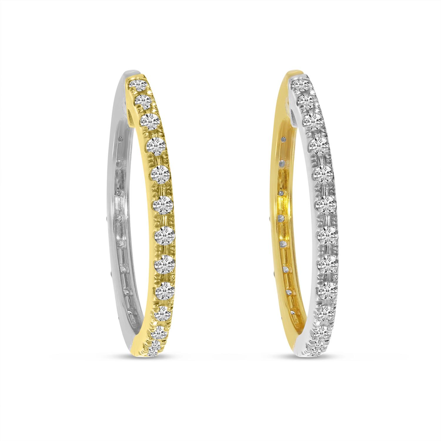 14K Yellow and White Gold Two Tone . 52 Ct Diamond Hoops