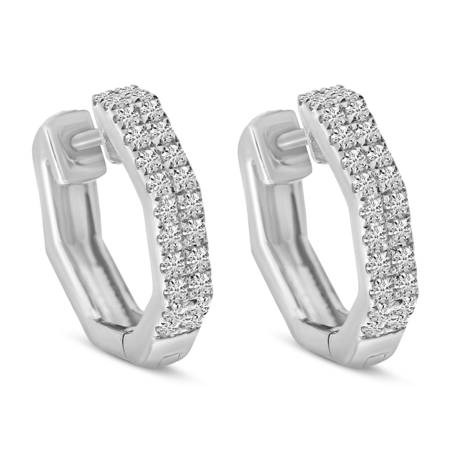 14K White Gold Geometric Diamond Huggie Earrings