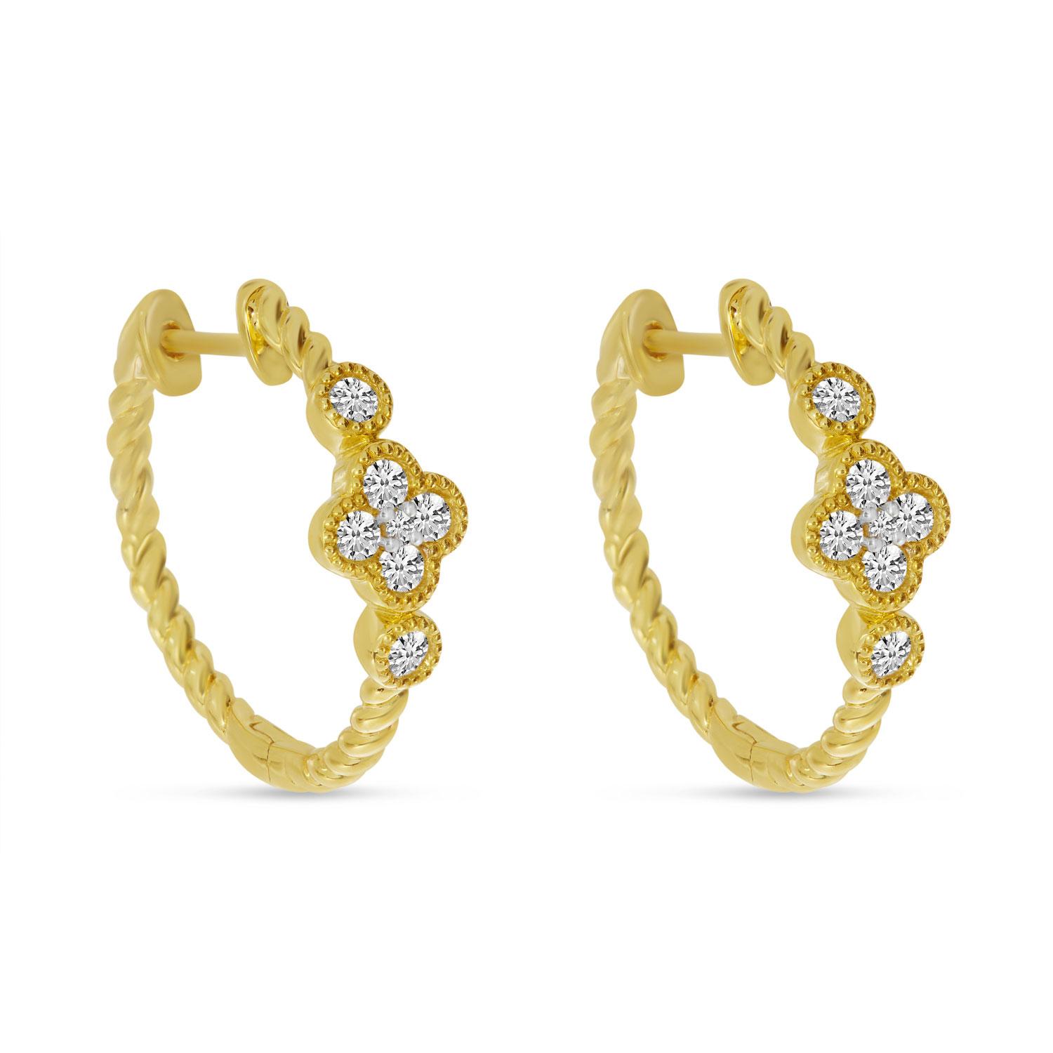 14K Yellow Gold Diamond Clover Twist Hoop Earrings