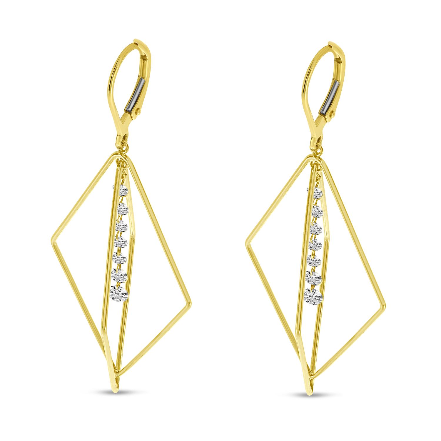 14K Yellow Gold Dashing Diamond 3D Geometric Triangle Earrings