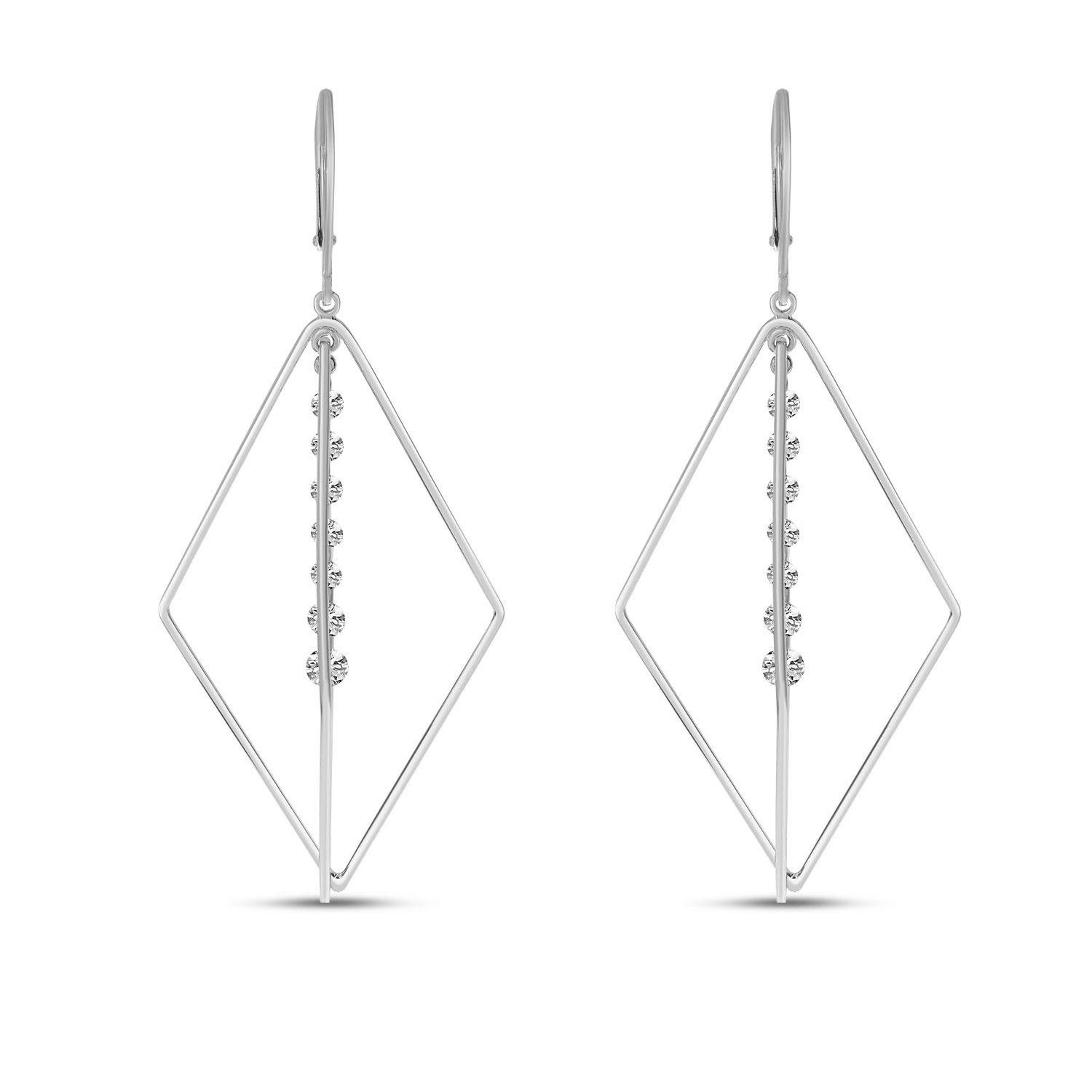 14K White Gold Dashing Diamond 3D Geometric Triangle Earrings