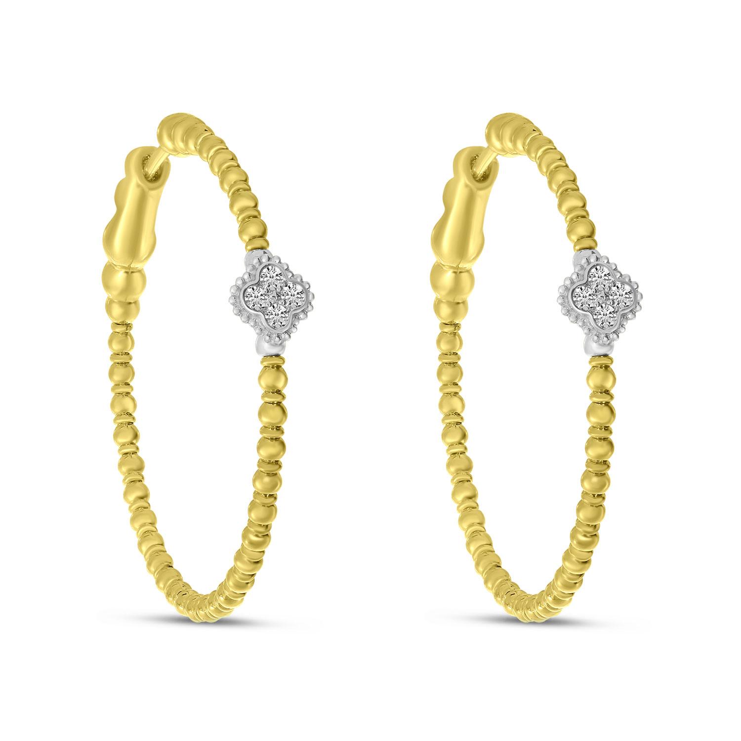 14K Two Tone Gold Diamond Clover Flexible Hoop Earrings