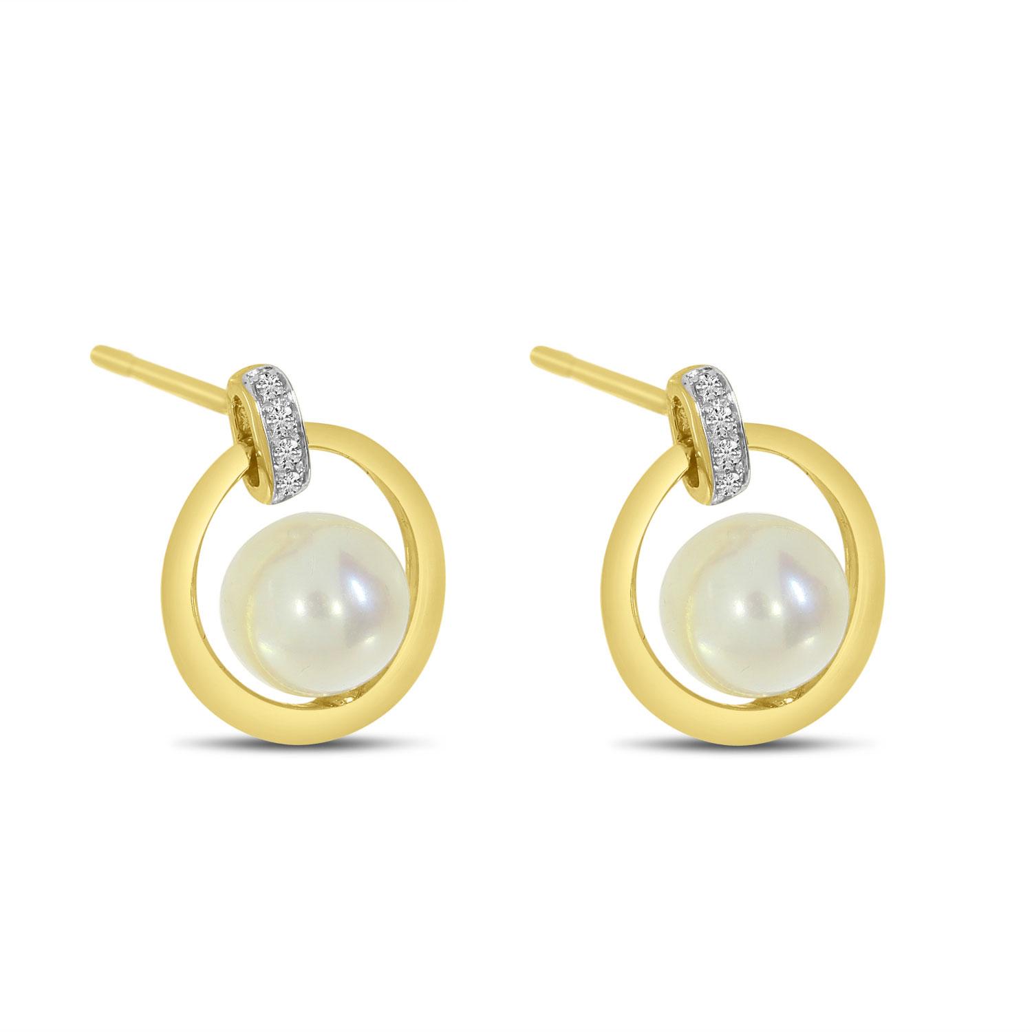 14K Yellow Gold Pearl and Diamond Frontal Hoop Earrings