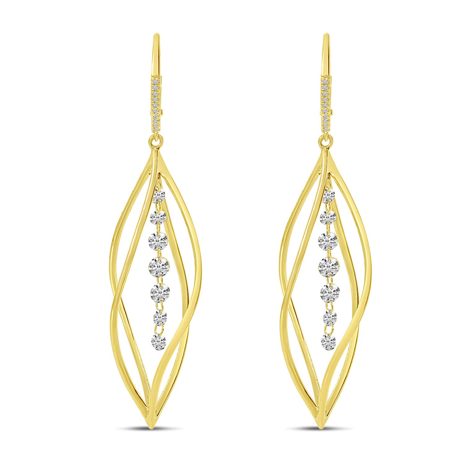 14K Yellow Gold Dashing Diamond 3D Swirl Earrings