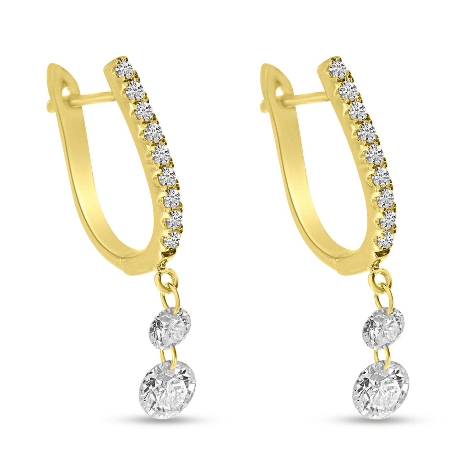 14K Yellow Gold Dashing Daimaonds Double Drop Huggie Earrings