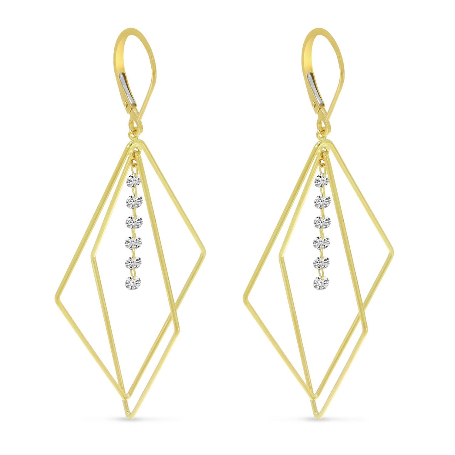 14K Yellow Gold Dashing Diamond 3D Geometric Triangle Earrings