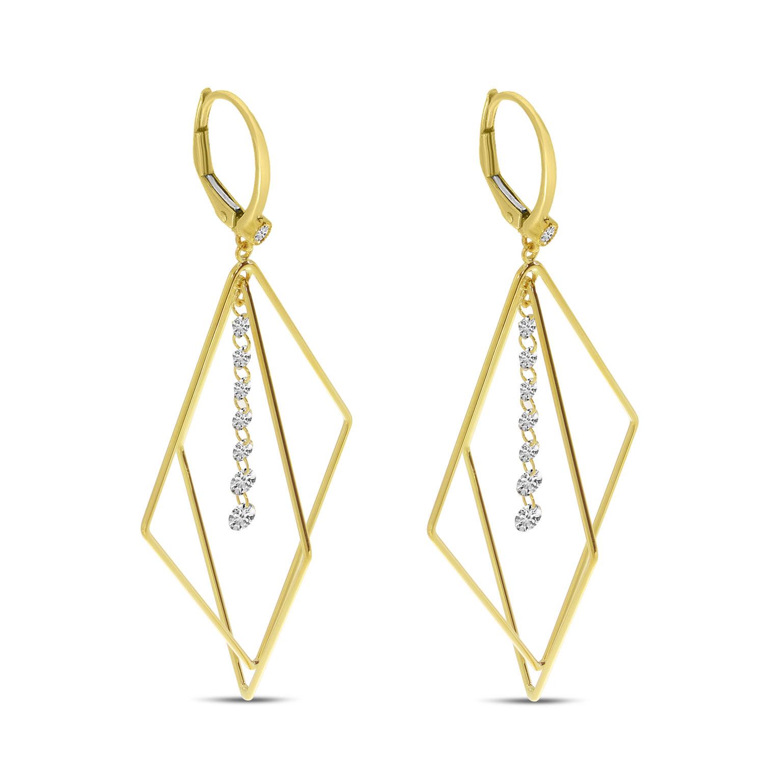 14K Yellow Gold Dashing Diamonds 3D Geometric Earrings