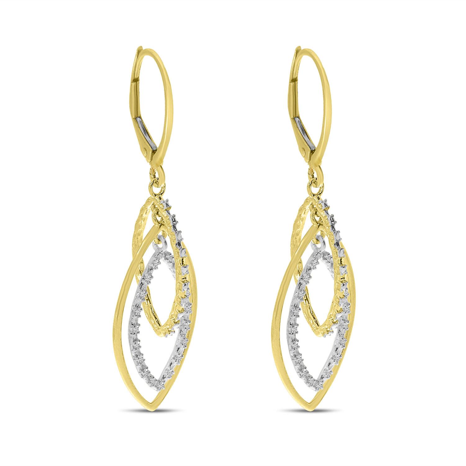 14K Two Tone Gold Marquee Shape Diamond Dangle Earrings