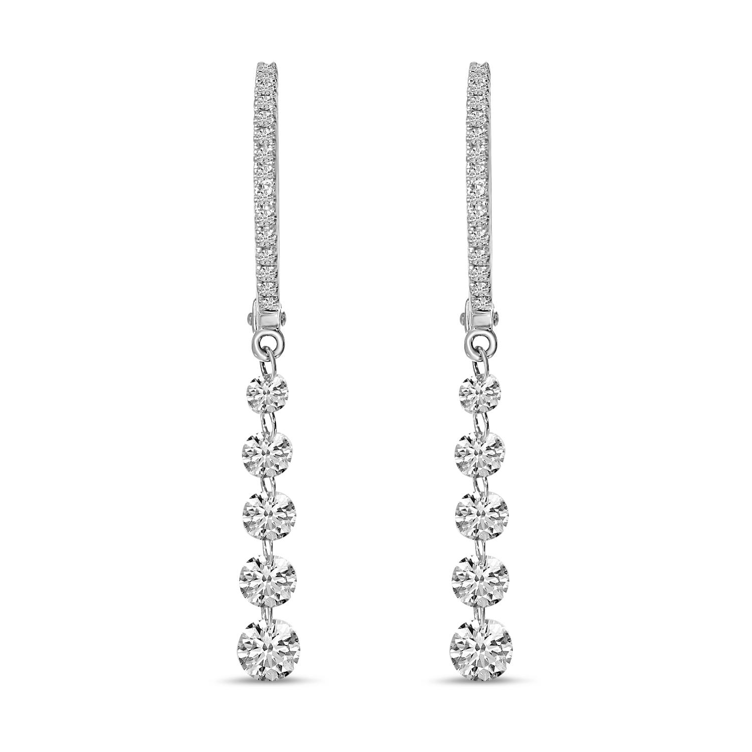 14K White Gold Five Pierced Dangling Dashing Diamonds Huggy Earring