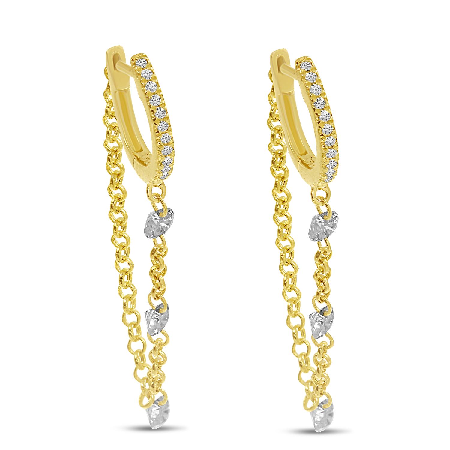 14K Yellow Gold Dashing Diamond Triple Diamond Chain Huggie Earrings