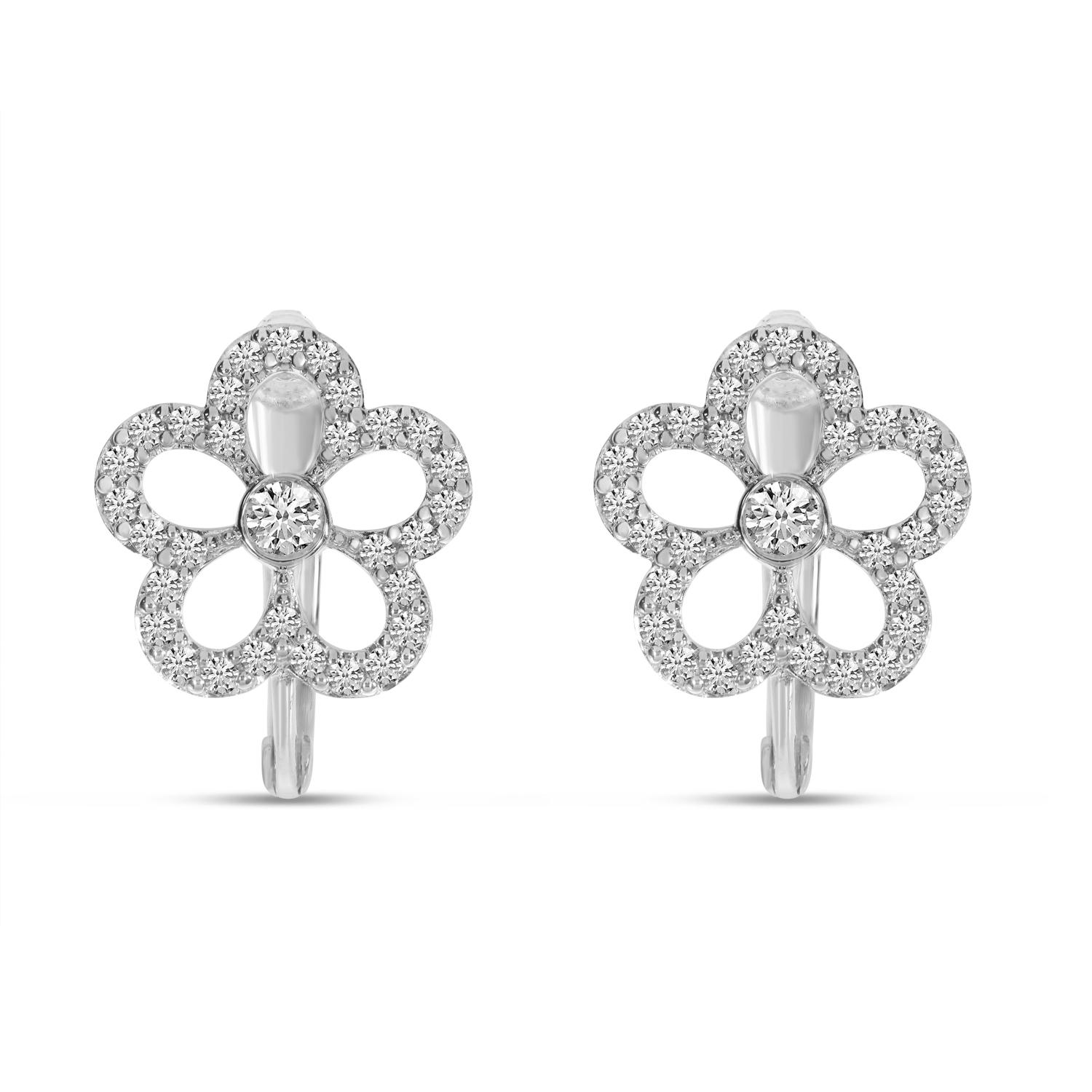 14K White Gold Diamond Floral Huggies