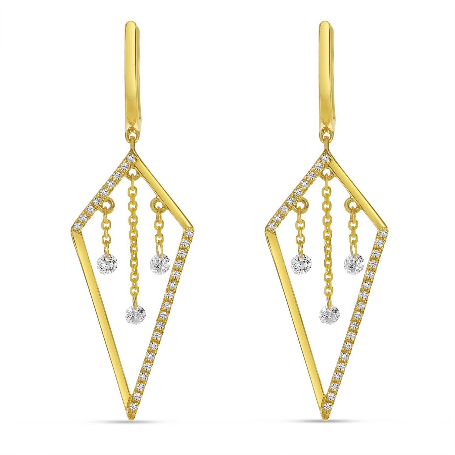 14K Yellow Gold Dashing Diamond Kite Shape Dangle Chain Link Earrings