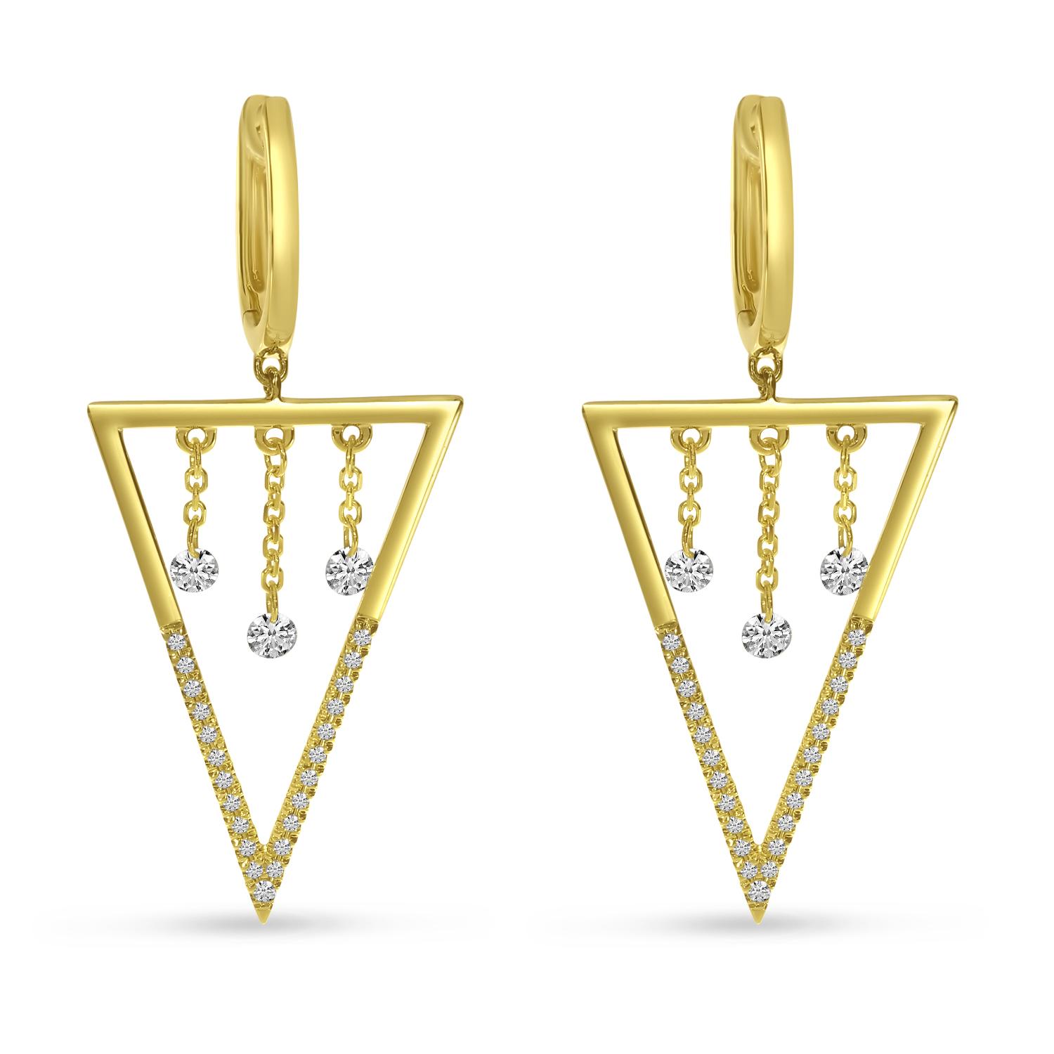 14K Yellow Gold Dashing Diamond Triangle Dangle Chain Earrings