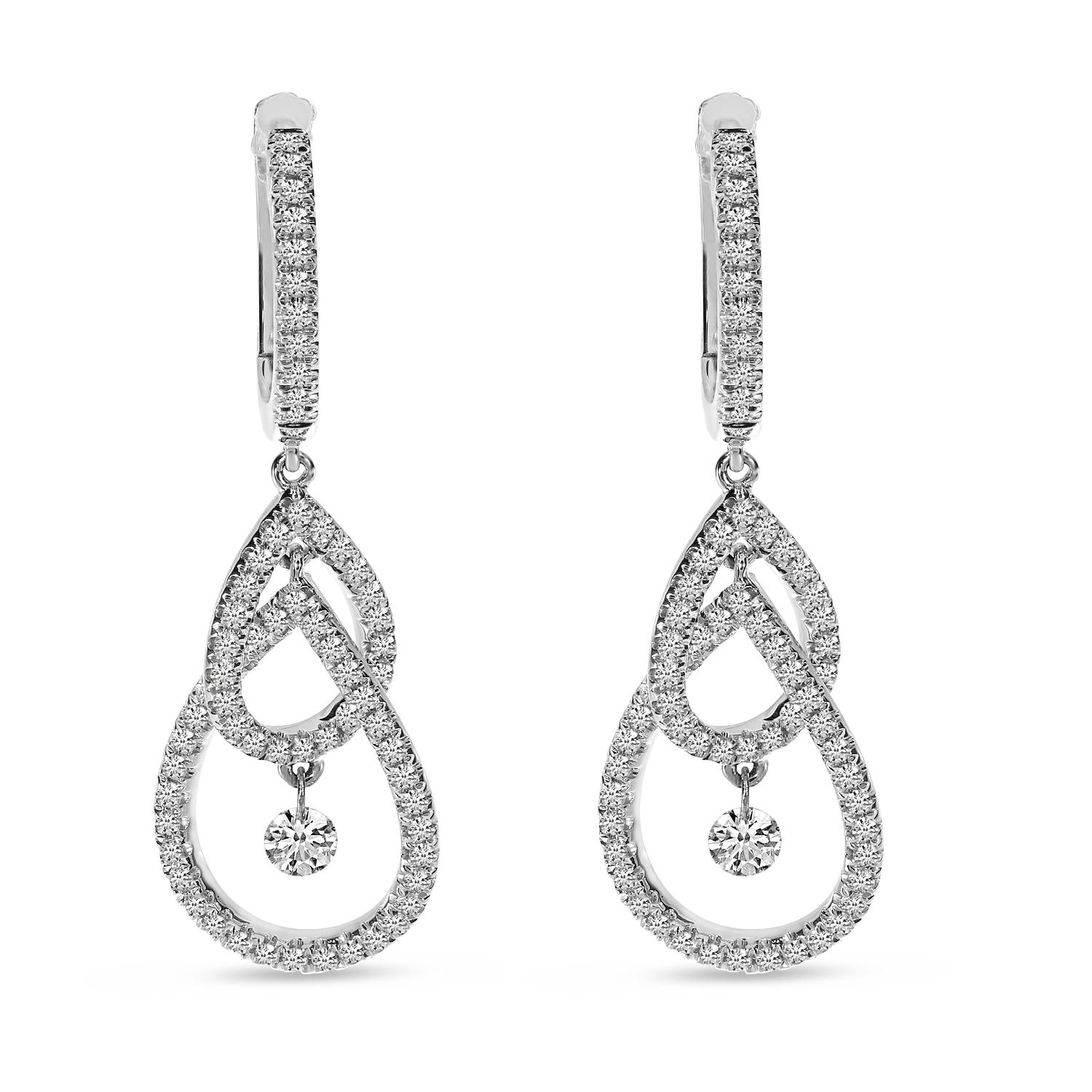 14K White Gold Dashing Diamond Double Teardrop .70 ct Dangle Huggie Earrings