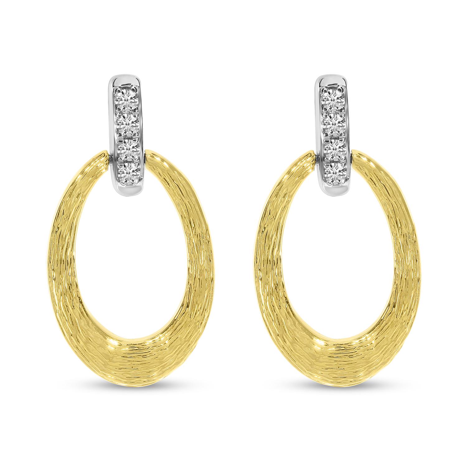 14K Two Tone Gold Diamond Textured Oval Earrings