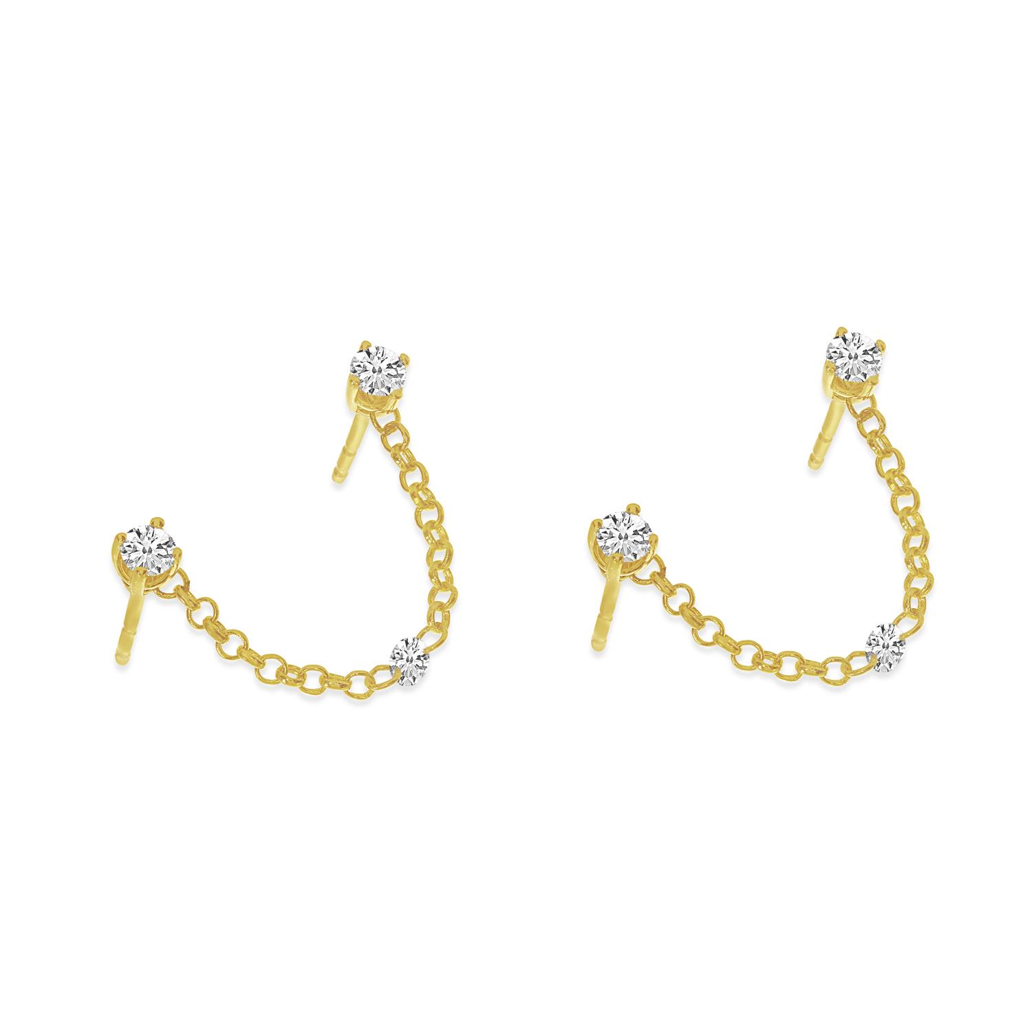 14K Yellow Gold Double Hole Diamond Chain Earrings