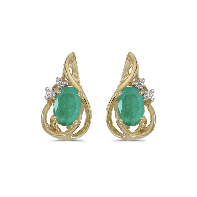 14k Yellow Gold Oval Emerald And Diamond Teardrop Earrings