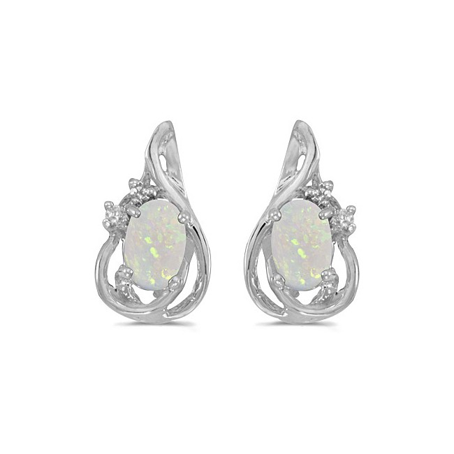 14k White Gold Oval Opal And Diamond Teardrop Earrings