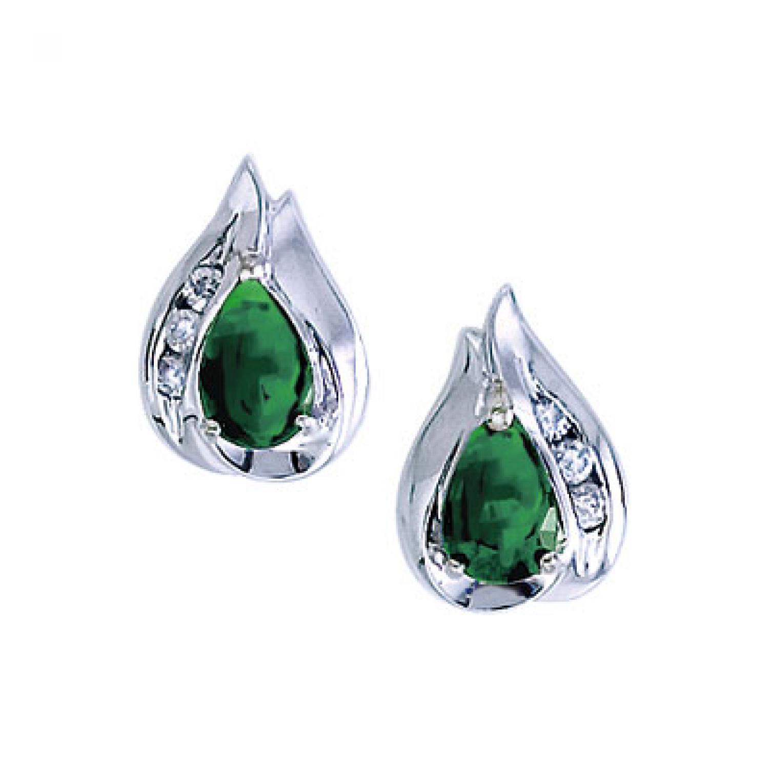 14K White Gold Pear Emerald and Diamond Stud Earrings