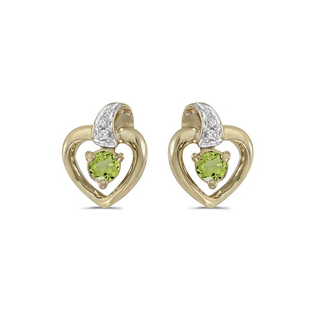 10k Yellow Gold Round Peridot And Diamond Heart Earrings