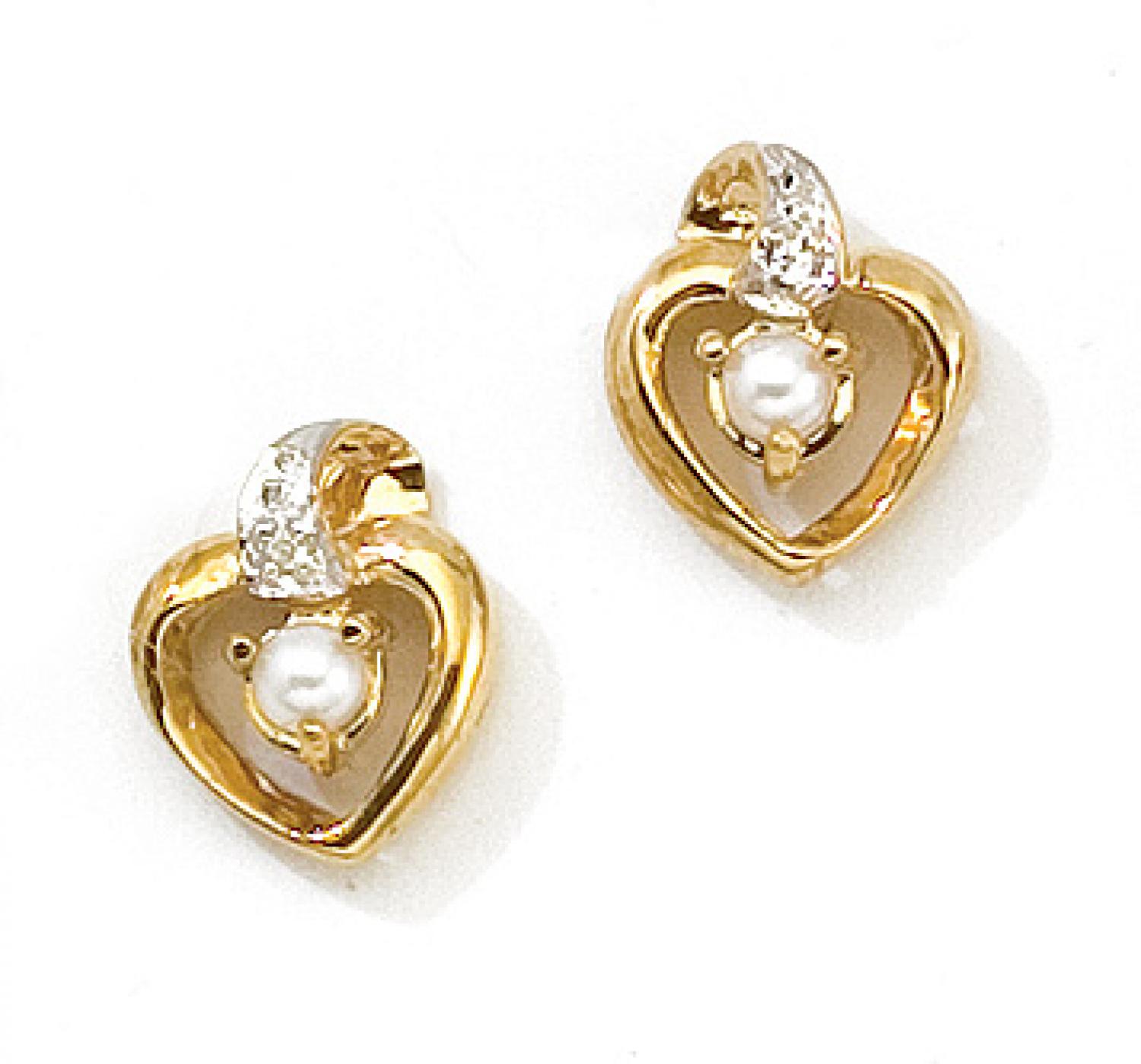 14k Yellow Gold Pearl And Diamond Heart Earrings