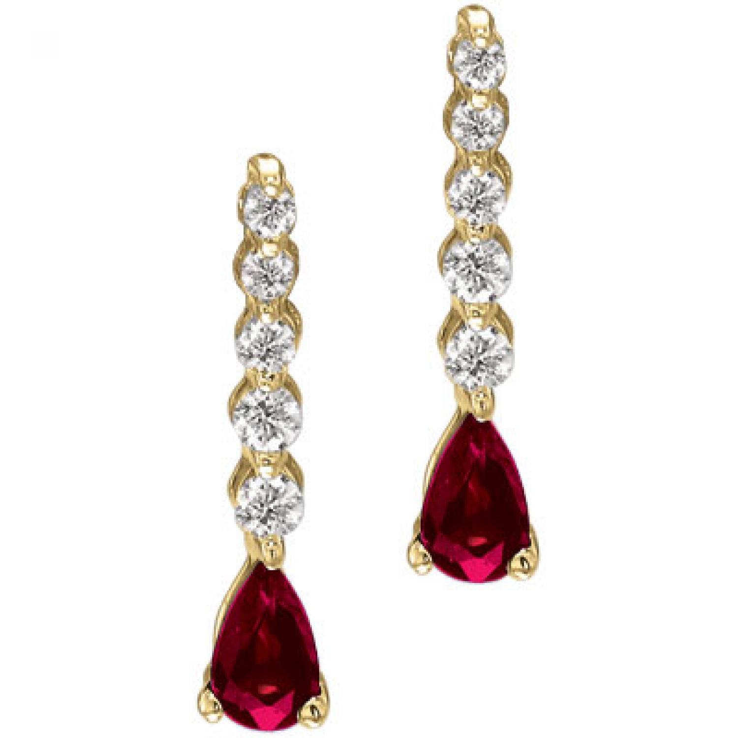 14K Yellow Gold Graduated Diamond and Pear Ruby Drop Earrings