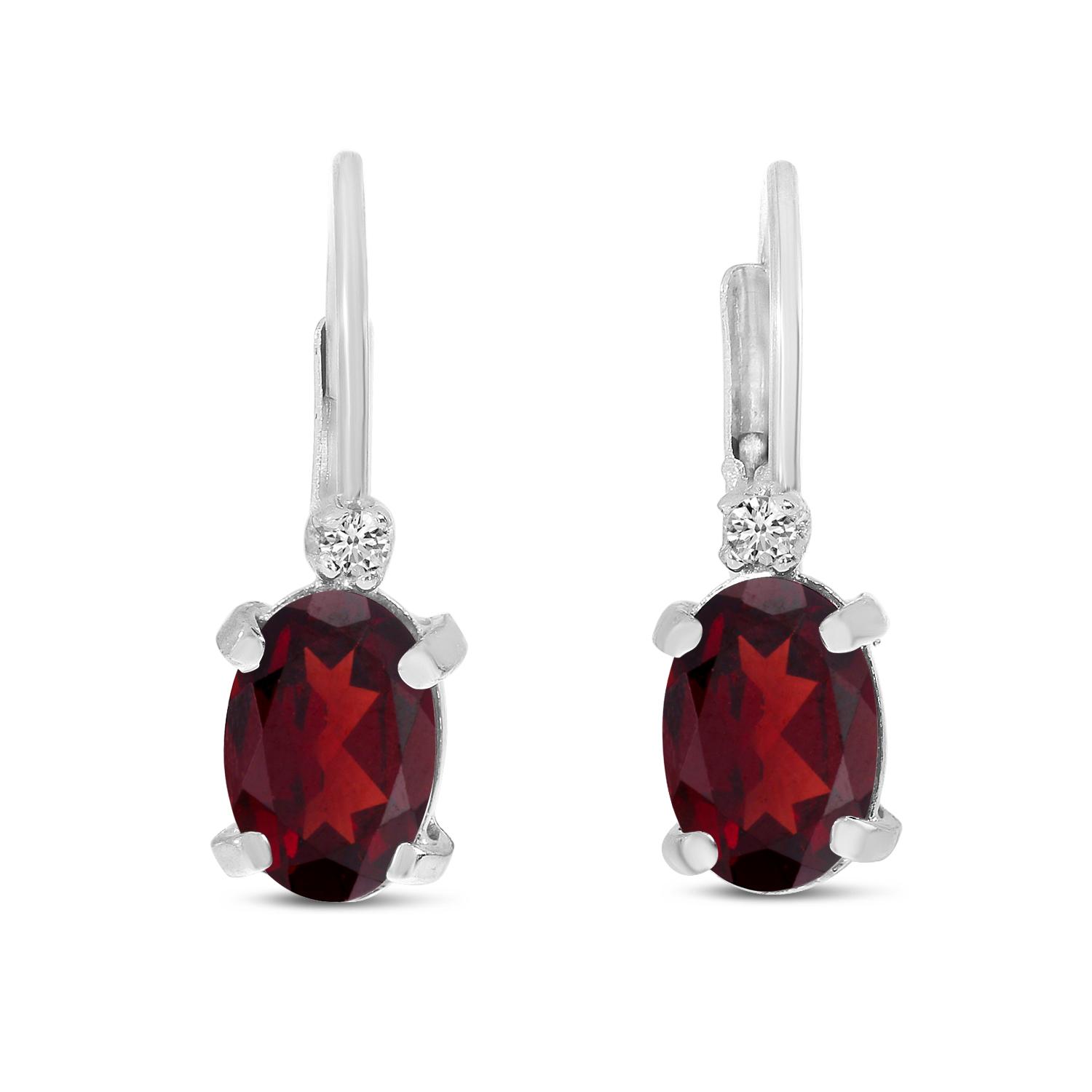 14K White Gold Oval Garnet and Diamond Lever Back Birthstone Earrings