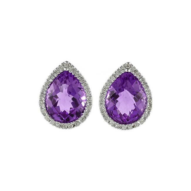 14K White Gold 9x11 mm Pear Amethyst and Diamond Earrings