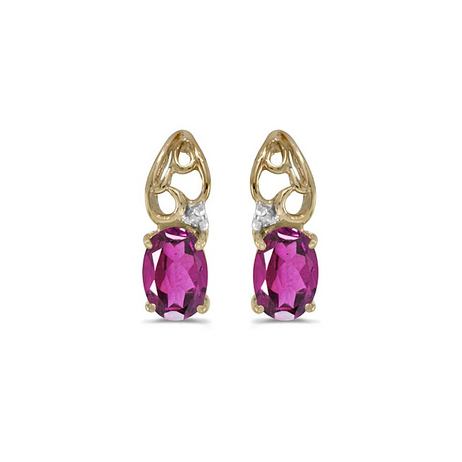 14k Yellow Gold Oval Pink Topaz And Diamond Earrings