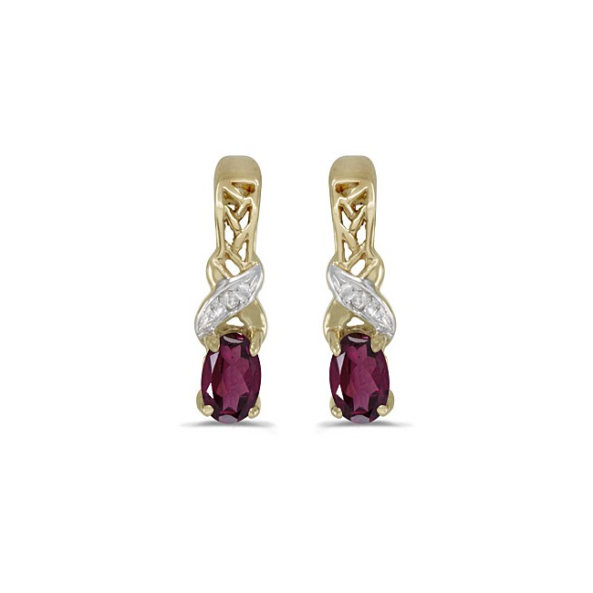 14k Yellow Gold Oval Rhodolite Garnet And Diamond Earrings