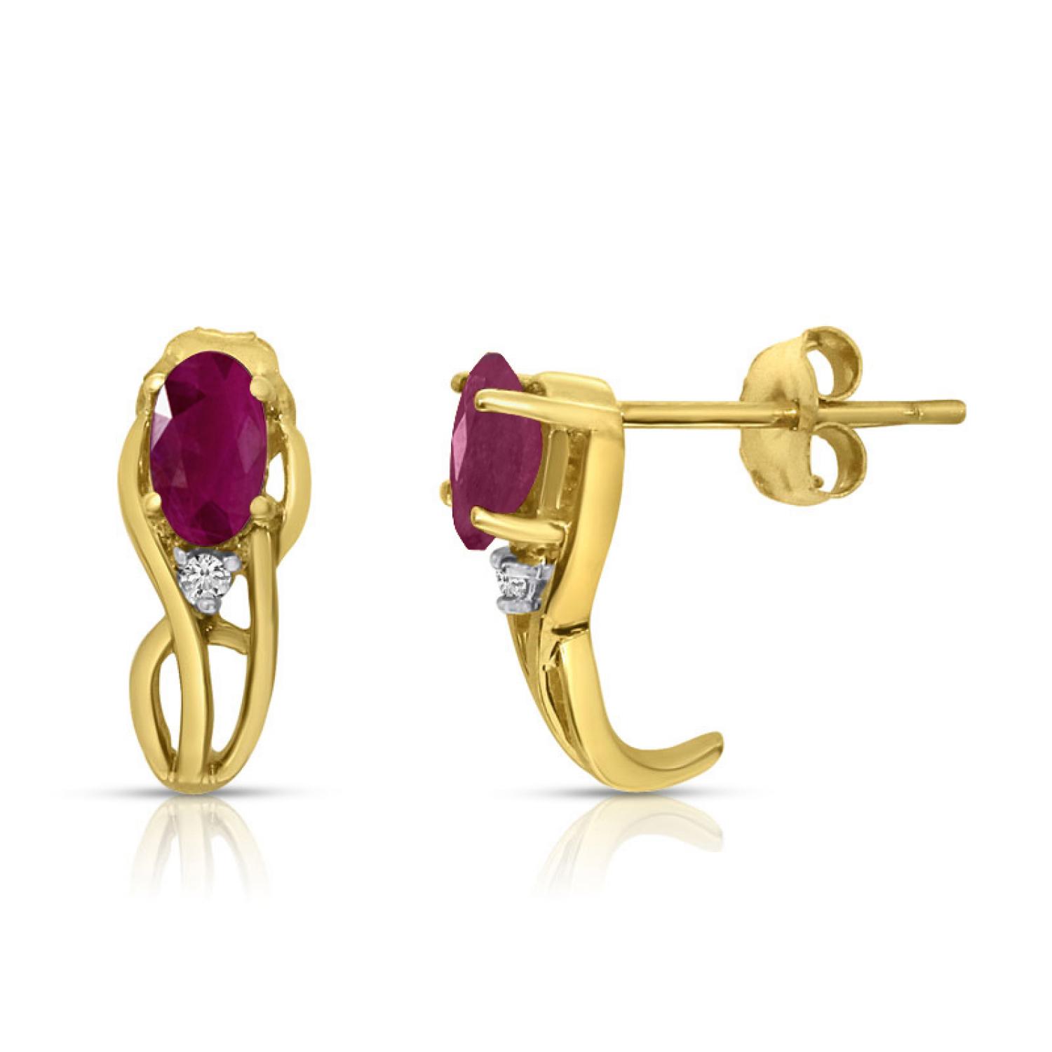 14K Yellow Gold Oval Ruby and Diamond Curve Post Birthstone Earrings