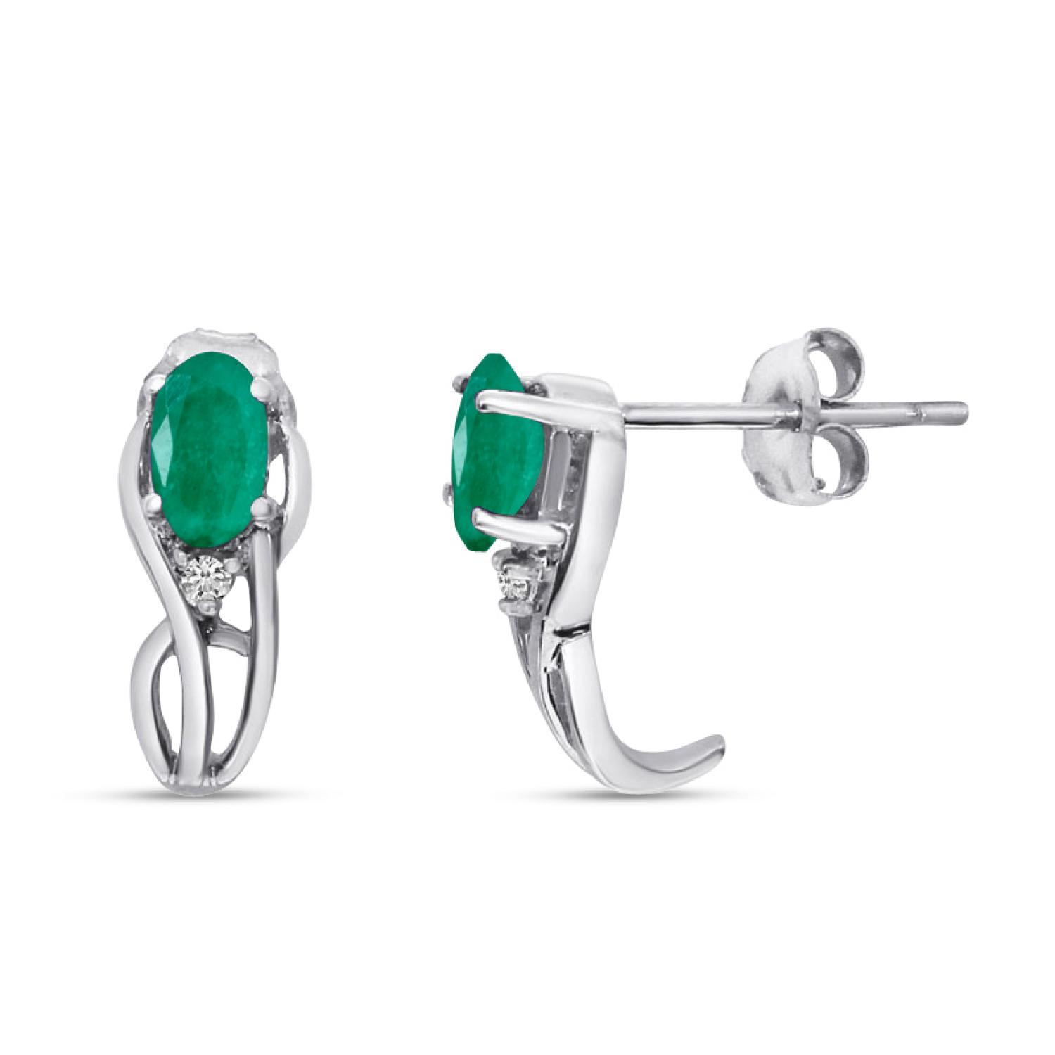 14K White Gold Oval Emerald and Diamond Curve Post Birthstone Earrings