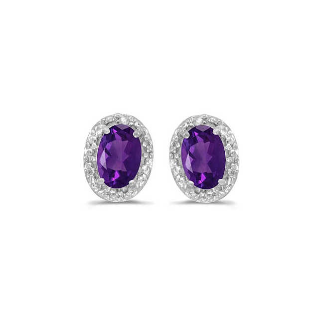 14k White Gold Oval Amethyst And Diamond Earrings