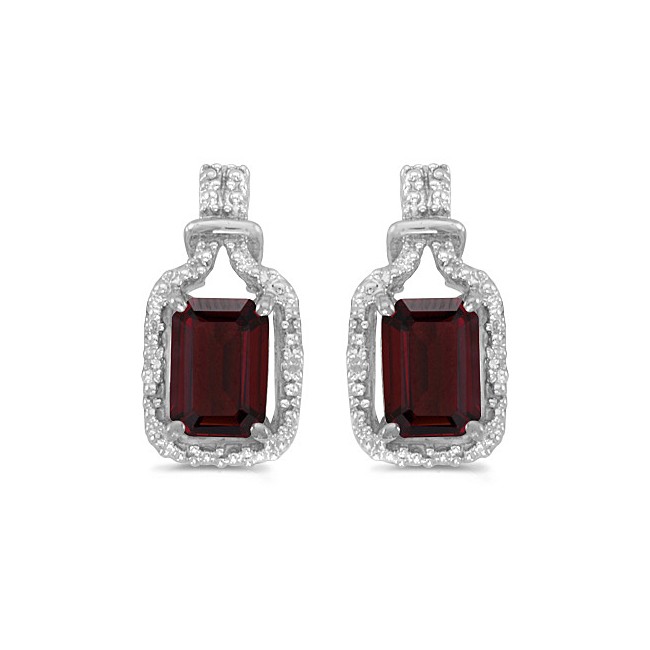 14k White Gold Emerald-cut Garnet And Diamond Earrings