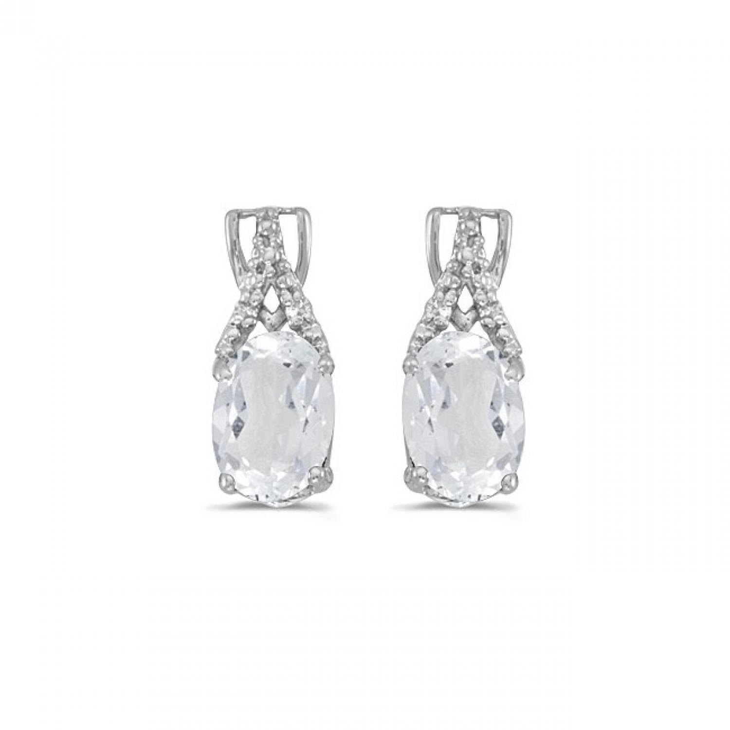 14K White Gold Oval White Topaz and Diamond Birthstone Post Earrings